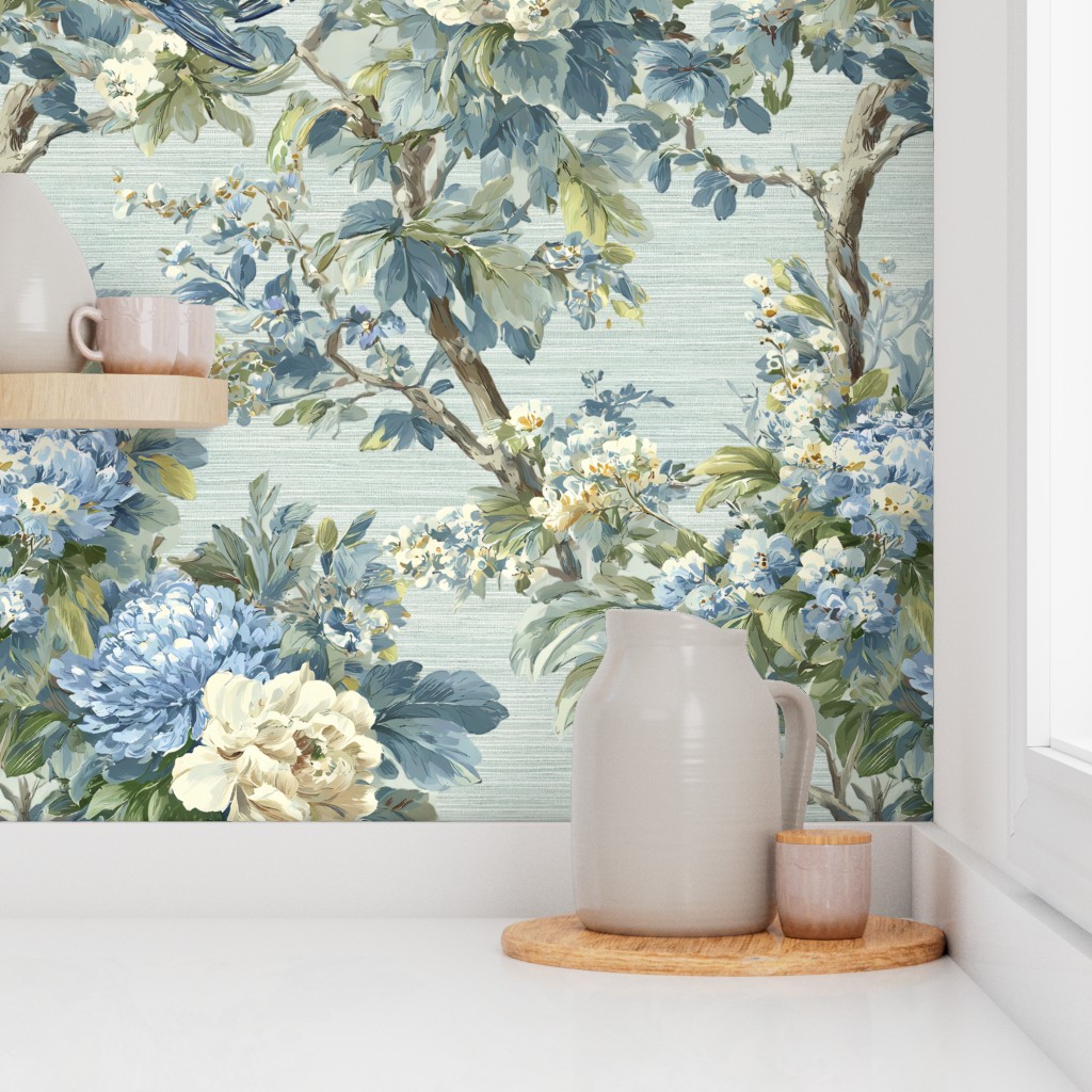 Willowcrest Chinoiserie Wallpaper In Light Seafoam Green Linen Grasscloth